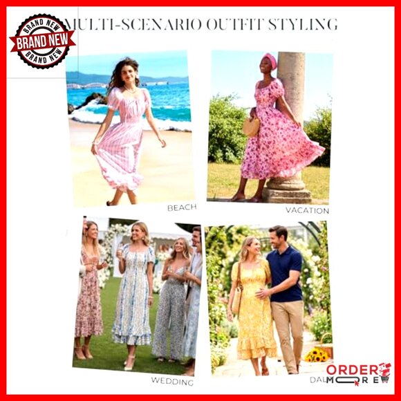 Boho Floral Maxi Dress Square Neck Puff Sleeve Smocked Back A-Line Summer - Picture 2 of 7